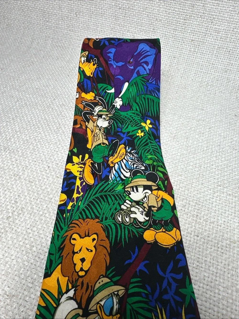 Disney Jungle Animal Print Tie in Green, Blue, Yellow, Red, Black 100% Silk